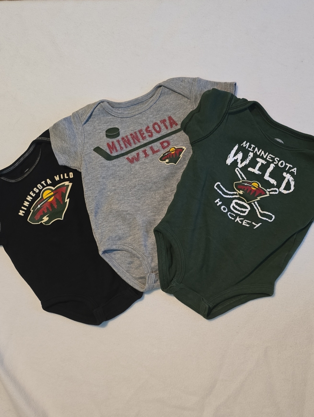 Baby Bodysuit Trio - Green, Gray, Black Minnesota WILD Onsies.